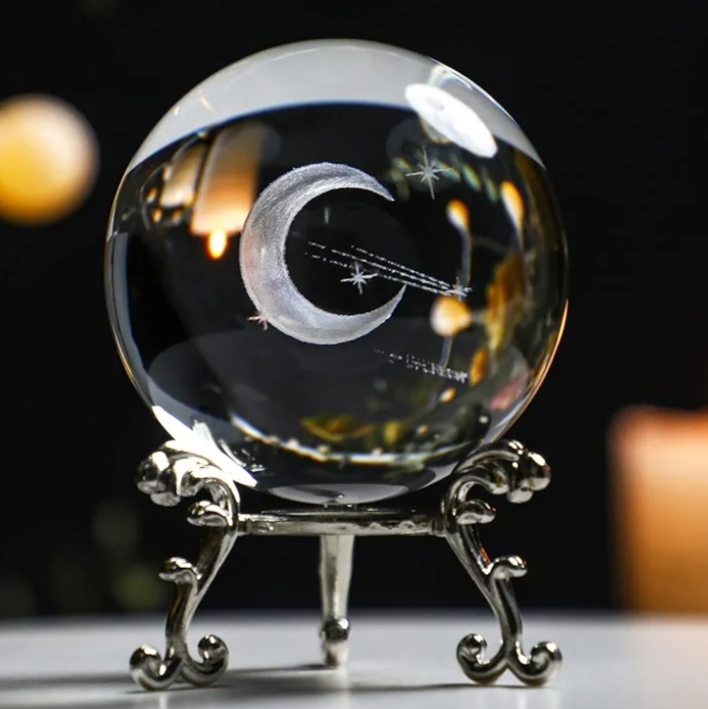 Crystal Ball Etched Moon & Stars With Stand NWT